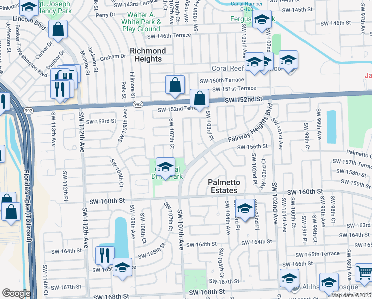 map of restaurants, bars, coffee shops, grocery stores, and more near 15531 Southwest 106th Avenue in Miami