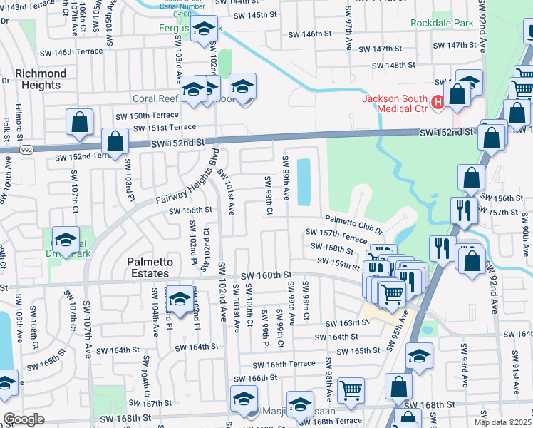 map of restaurants, bars, coffee shops, grocery stores, and more near 9955 SW 157th St in Miami