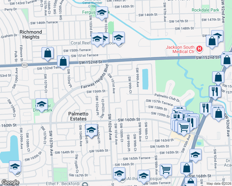 map of restaurants, bars, coffee shops, grocery stores, and more near 15670 Southwest 100th Avenue in Miami
