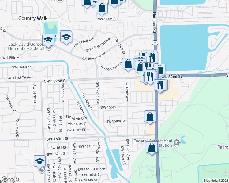 map of restaurants, bars, coffee shops, grocery stores, and more near 14035 Southwest 154th Street in Miami