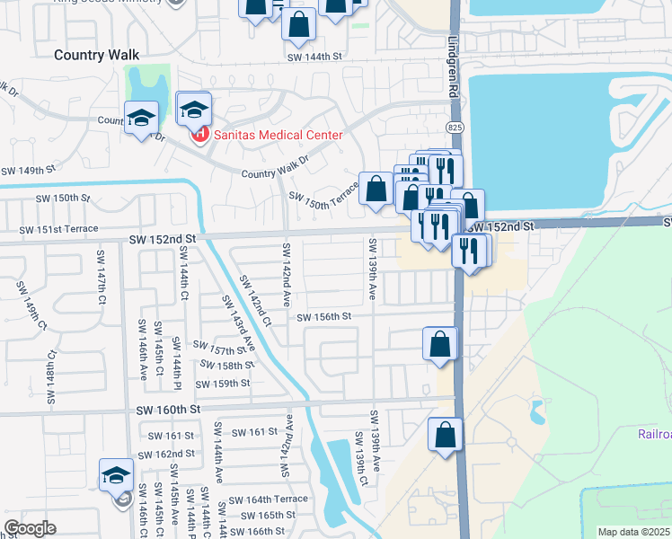 map of restaurants, bars, coffee shops, grocery stores, and more near 14035 Southwest 154th Street in Miami