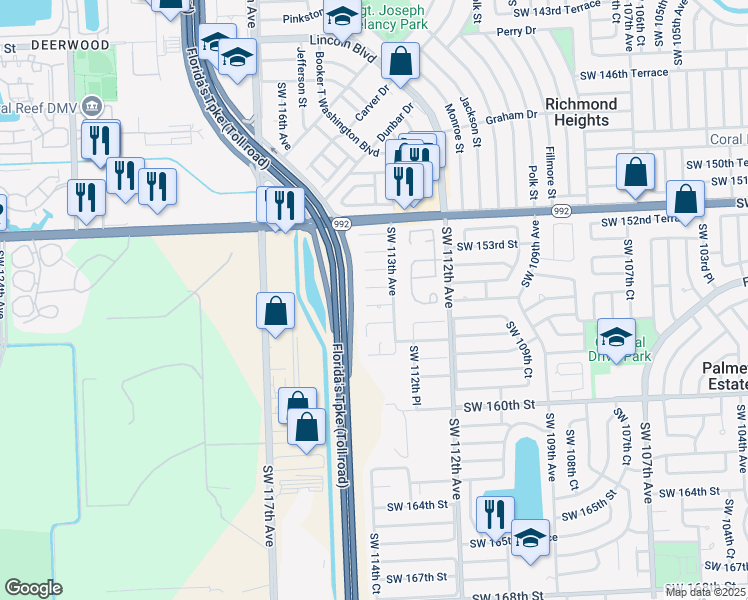 map of restaurants, bars, coffee shops, grocery stores, and more near 11331 Southwest 155th Street in Miami