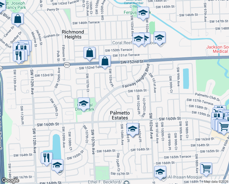 map of restaurants, bars, coffee shops, grocery stores, and more near 10384 Fairway Heights Boulevard in Miami