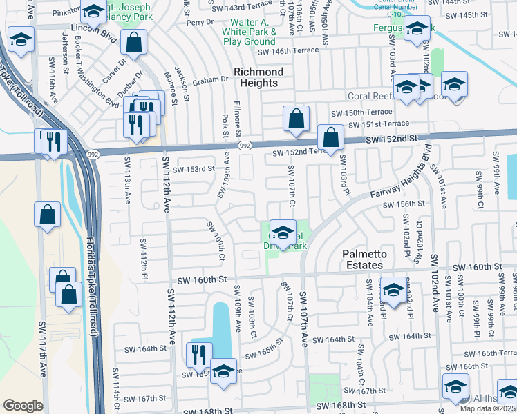 map of restaurants, bars, coffee shops, grocery stores, and more near 15605 Southwest 108th Court in Miami