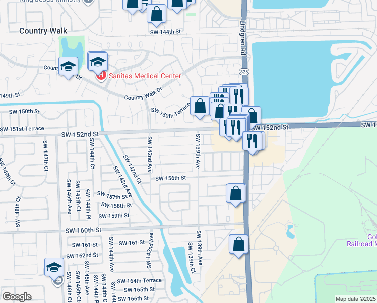 map of restaurants, bars, coffee shops, grocery stores, and more near 13935 Southwest 154th Street in Miami