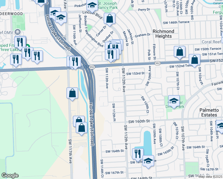 map of restaurants, bars, coffee shops, grocery stores, and more near 15432 Southwest 112th Place in Miami