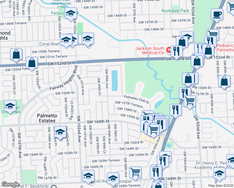 map of restaurants, bars, coffee shops, grocery stores, and more near 9805 Palmetto Club Drive in Miami