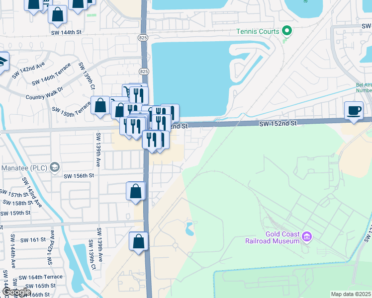 map of restaurants, bars, coffee shops, grocery stores, and more near 13407 Southwest 154th Street in Miami