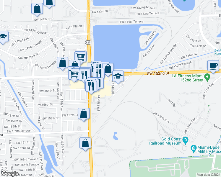 map of restaurants, bars, coffee shops, grocery stores, and more near 13520 Southwest 152nd Street in Miami