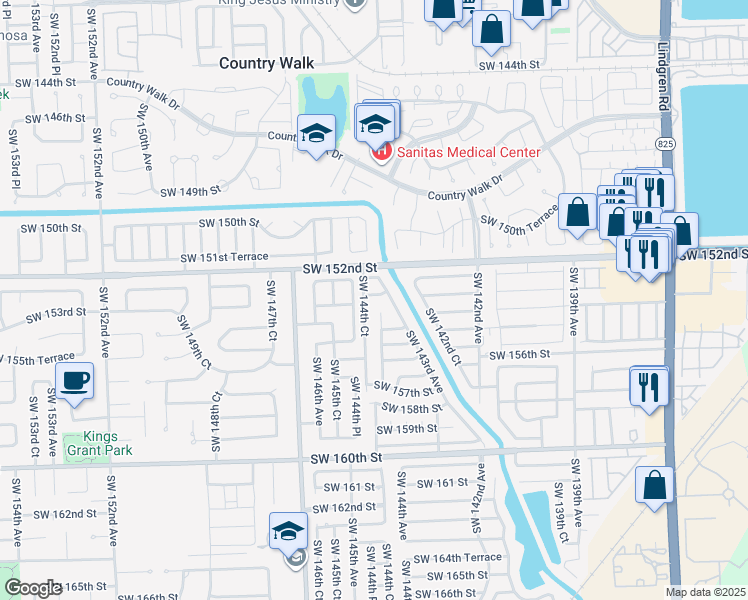 map of restaurants, bars, coffee shops, grocery stores, and more near 14400 Southwest 153rd Terrace in Miami