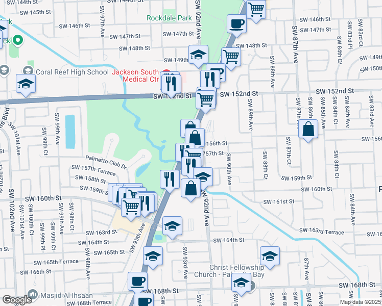 map of restaurants, bars, coffee shops, grocery stores, and more near 15725 South Dixie Highway in Miami