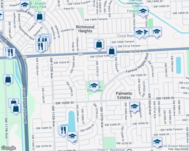 map of restaurants, bars, coffee shops, grocery stores, and more near 15533 Southwest 107th Place in Miami