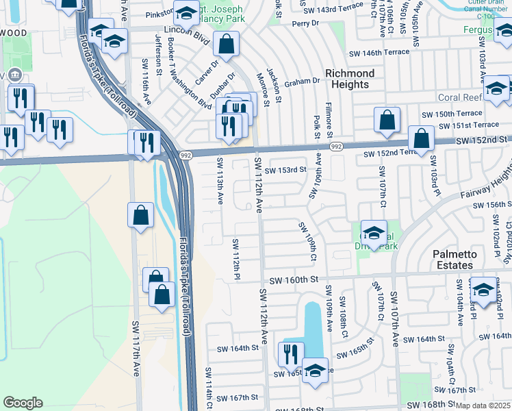 map of restaurants, bars, coffee shops, grocery stores, and more near 11249 Southwest 155th Lane in Miami