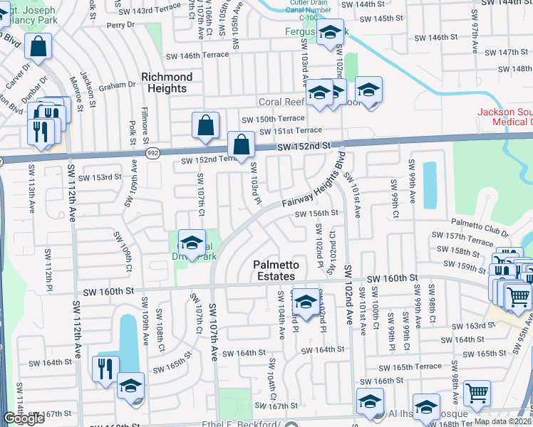 map of restaurants, bars, coffee shops, grocery stores, and more near 10384 Fairway Heights Boulevard in Miami