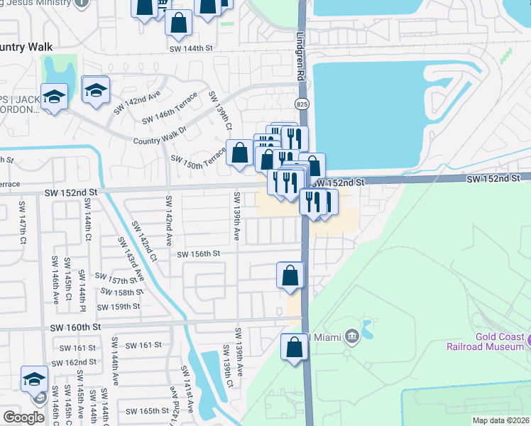 map of restaurants, bars, coffee shops, grocery stores, and more near 13797 Southwest 154th Street in Miami