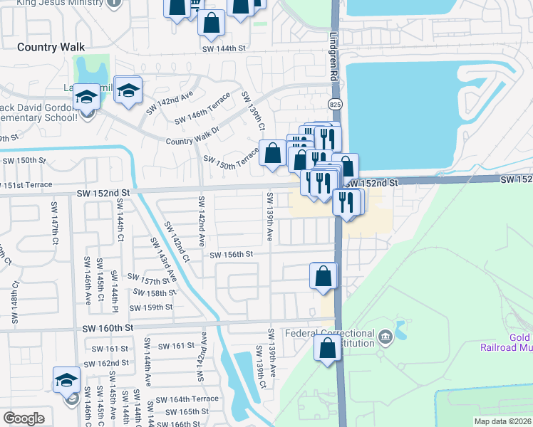 map of restaurants, bars, coffee shops, grocery stores, and more near 13935 Southwest 154th Street in Miami