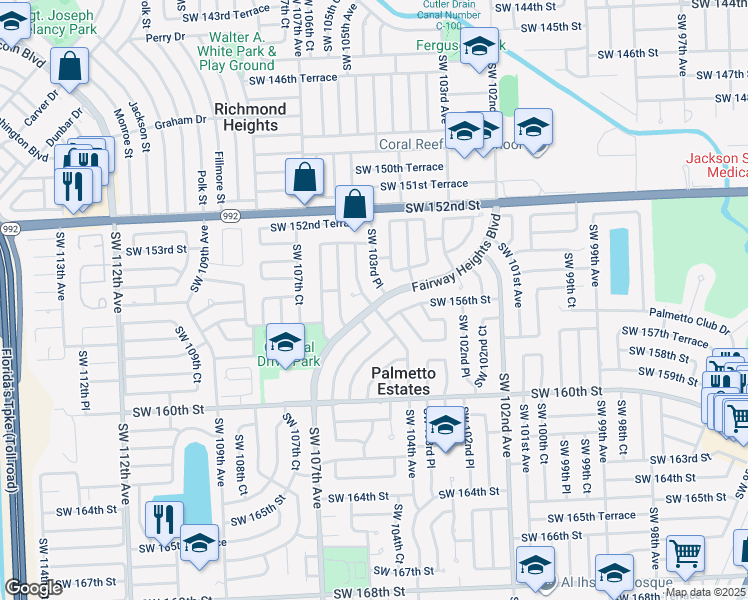 map of restaurants, bars, coffee shops, grocery stores, and more near 15551 Southwest 104th Avenue in Miami