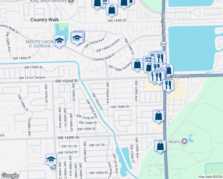 map of restaurants, bars, coffee shops, grocery stores, and more near 15363 Southwest 142nd Avenue in Miami