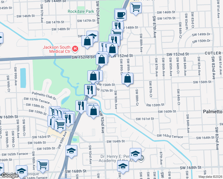 map of restaurants, bars, coffee shops, grocery stores, and more near 9025 Southwest 157th Street in Palmetto Bay