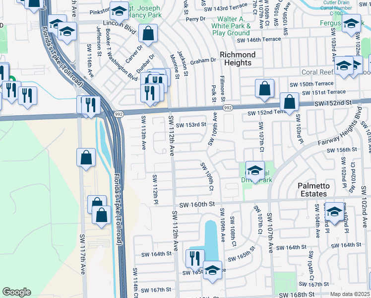 map of restaurants, bars, coffee shops, grocery stores, and more near 11035 Southwest 155th Terrace in Miami