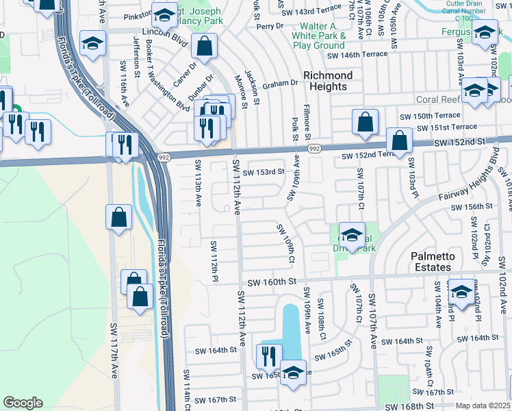 map of restaurants, bars, coffee shops, grocery stores, and more near 11035 SW 155th Terrace in Miami