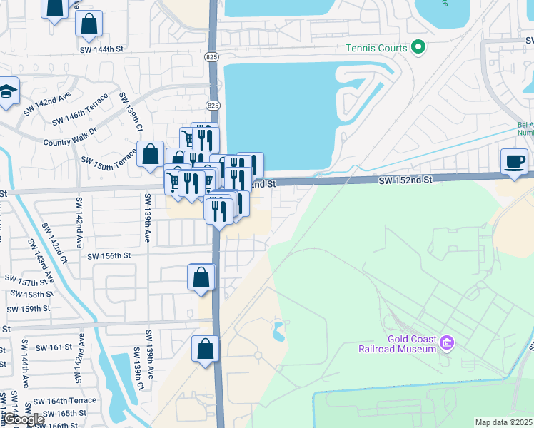 map of restaurants, bars, coffee shops, grocery stores, and more near 13520 Southwest 152nd Street in Miami