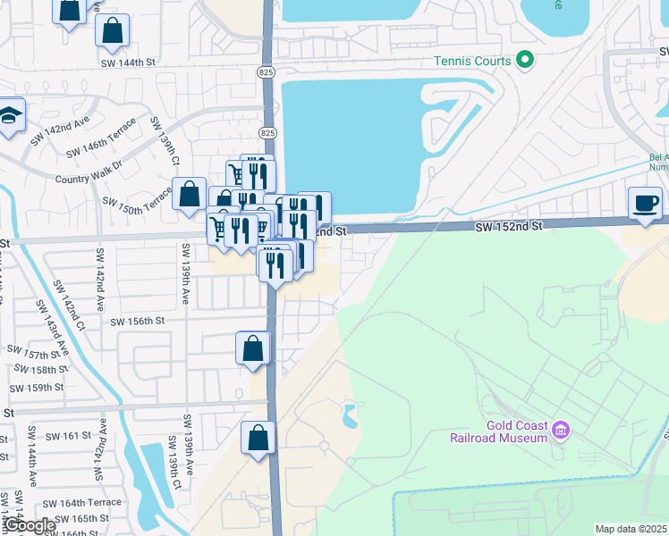 map of restaurants, bars, coffee shops, grocery stores, and more near 13520 Southwest 152nd Street in Miami