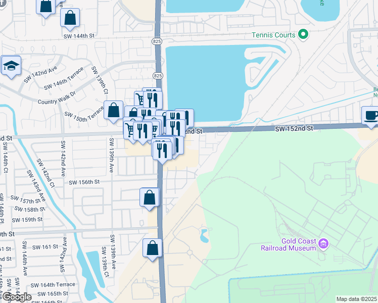map of restaurants, bars, coffee shops, grocery stores, and more near 13520 Southwest 152nd Street in Miami