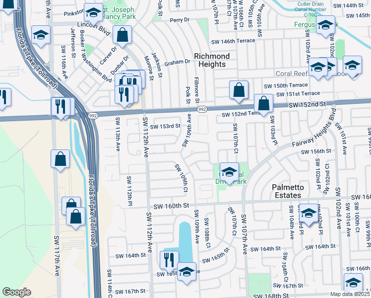 map of restaurants, bars, coffee shops, grocery stores, and more near 10904 Southwest 155th Terrace in Miami