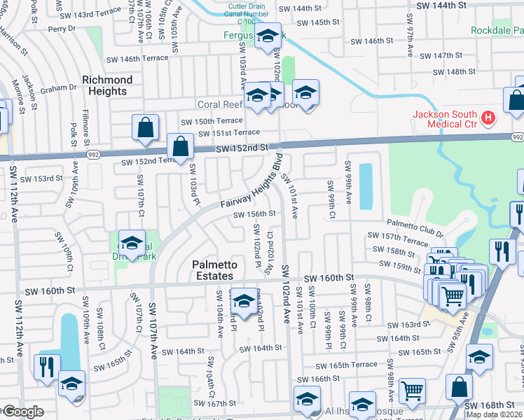 map of restaurants, bars, coffee shops, grocery stores, and more near 15600 Southwest 102nd Place in Miami
