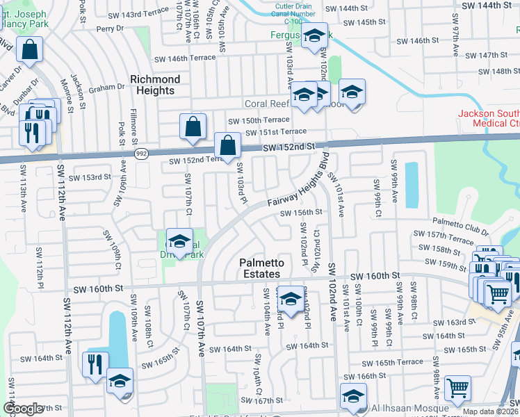 map of restaurants, bars, coffee shops, grocery stores, and more near 10384 Fairway Heights Boulevard in Miami