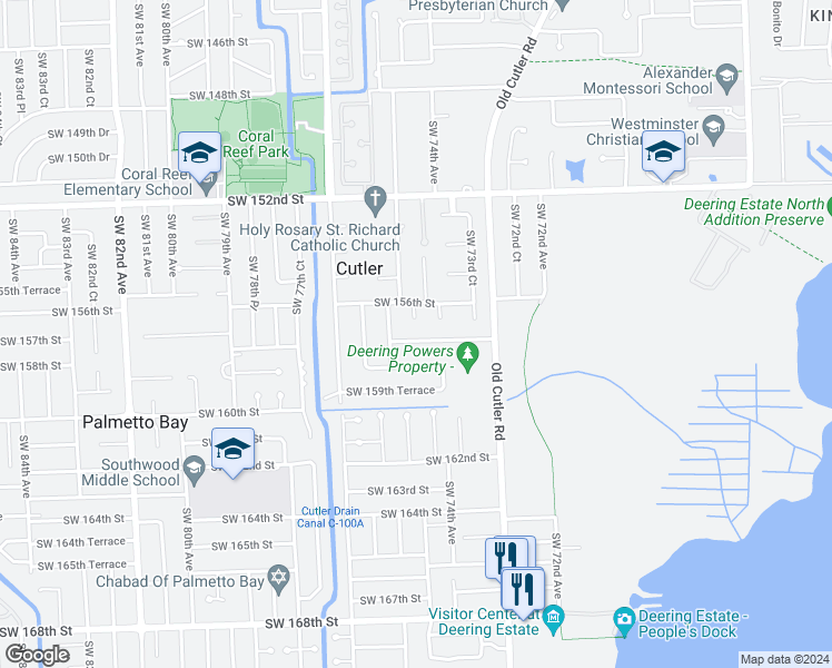 map of restaurants, bars, coffee shops, grocery stores, and more near 7445 Southwest 157th Terrace in Palmetto Bay