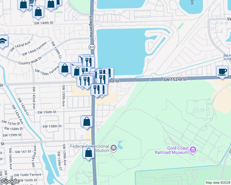 map of restaurants, bars, coffee shops, grocery stores, and more near 15300 Southwest 134th Place in Miami