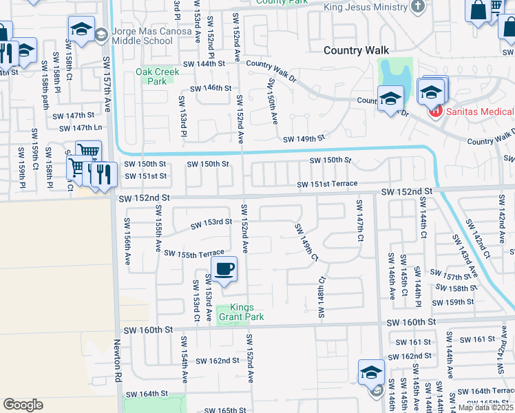 map of restaurants, bars, coffee shops, grocery stores, and more near 15061 Southwest 153rd Street in Miami