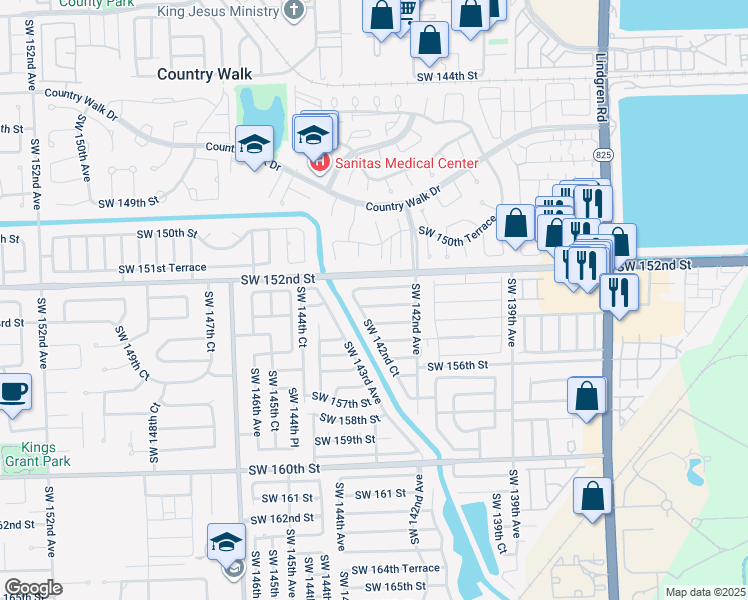 map of restaurants, bars, coffee shops, grocery stores, and more near 14244 Southwest 153rd Terrace in Miami