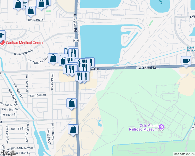 map of restaurants, bars, coffee shops, grocery stores, and more near 15239 Southwest 134th Court in Miami