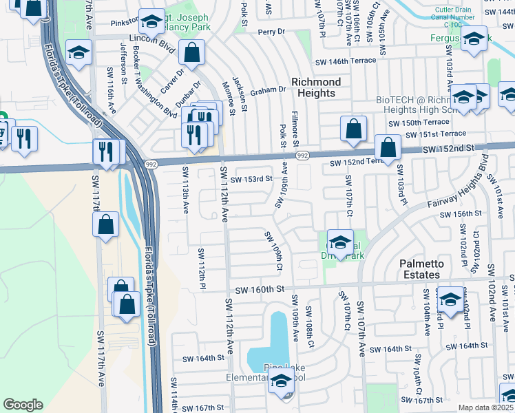 map of restaurants, bars, coffee shops, grocery stores, and more near 10904 Southwest 155th Terrace in Miami