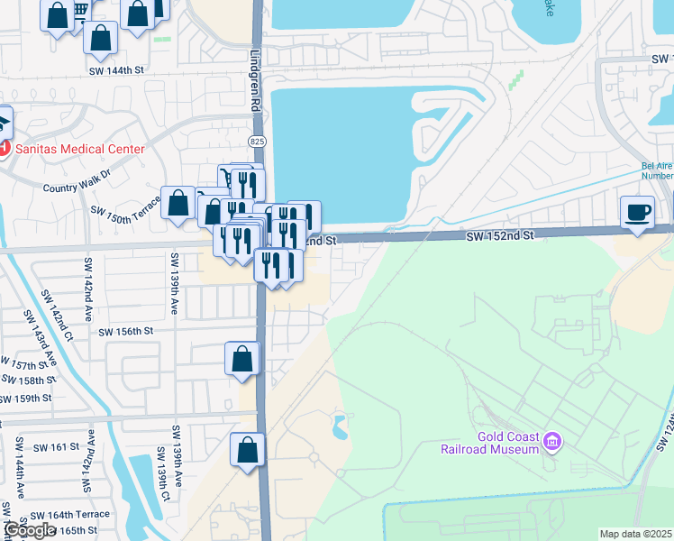 map of restaurants, bars, coffee shops, grocery stores, and more near 13407 Southwest 154th Street in Miami