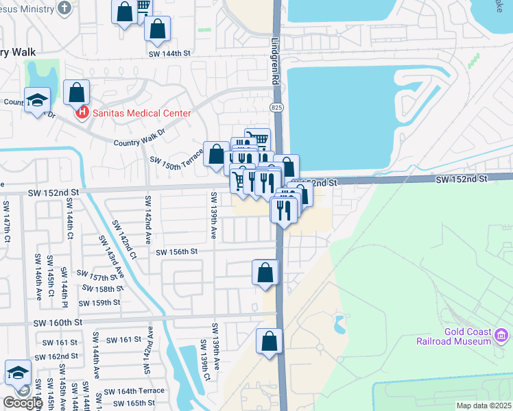 map of restaurants, bars, coffee shops, grocery stores, and more near 13797 Southwest 154th Street in Miami
