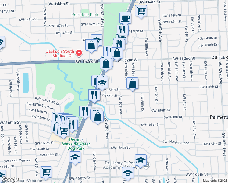 map of restaurants, bars, coffee shops, grocery stores, and more near 9025 Southwest 157th Street in Palmetto Bay