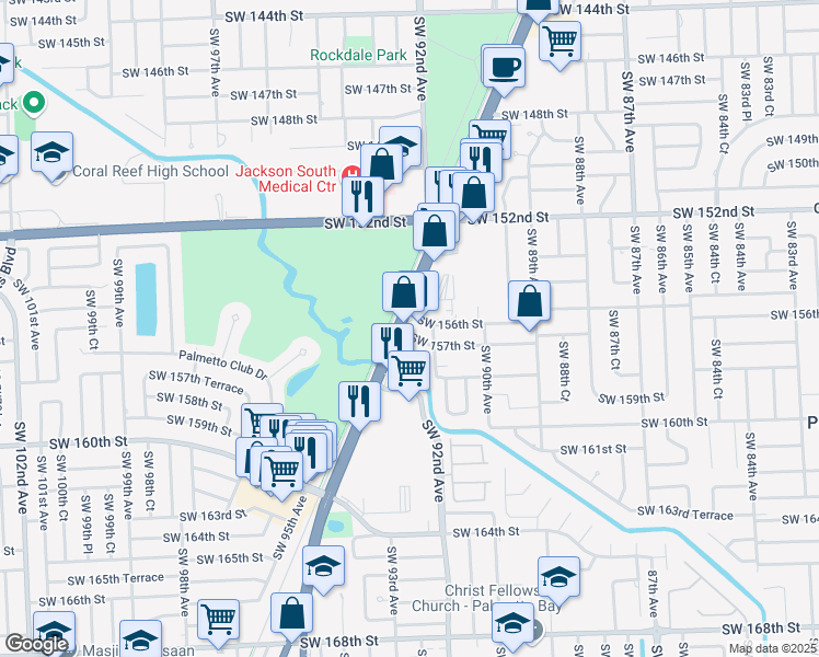map of restaurants, bars, coffee shops, grocery stores, and more near 15725 South Dixie Highway in Miami