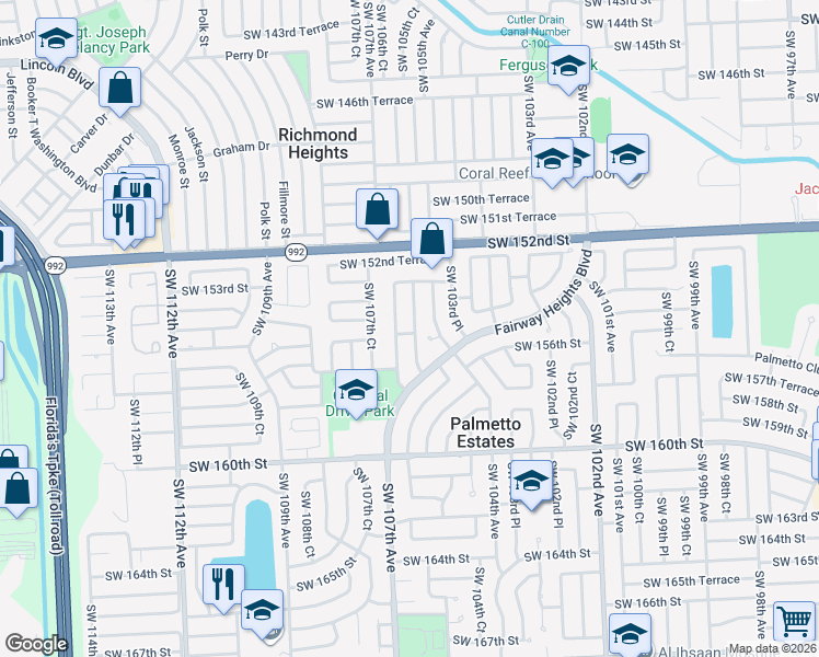 map of restaurants, bars, coffee shops, grocery stores, and more near 15531 Southwest 106th Avenue in Miami