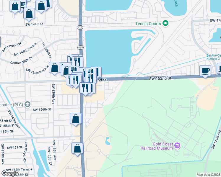 map of restaurants, bars, coffee shops, grocery stores, and more near 13407 Southwest 154th Street in Miami