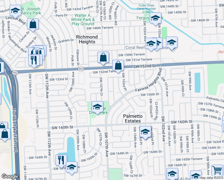 map of restaurants, bars, coffee shops, grocery stores, and more near 15531 Southwest 106th Avenue in Miami