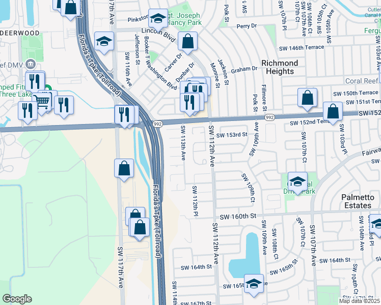 map of restaurants, bars, coffee shops, grocery stores, and more near 15432 Southwest 112th Place in Miami