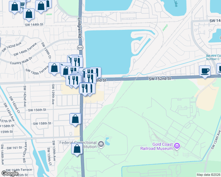 map of restaurants, bars, coffee shops, grocery stores, and more near 13407 Southwest 154th Street in Miami