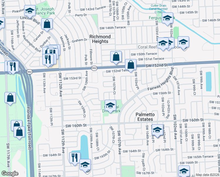 map of restaurants, bars, coffee shops, grocery stores, and more near 15533 Southwest 107th Place in Miami