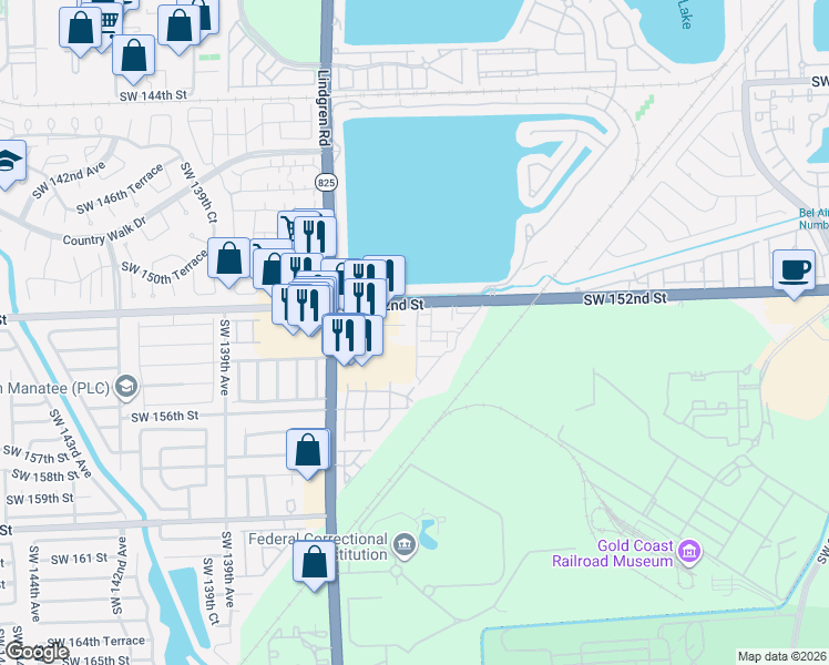 map of restaurants, bars, coffee shops, grocery stores, and more near 13500 Coral Reef Drive in Miami