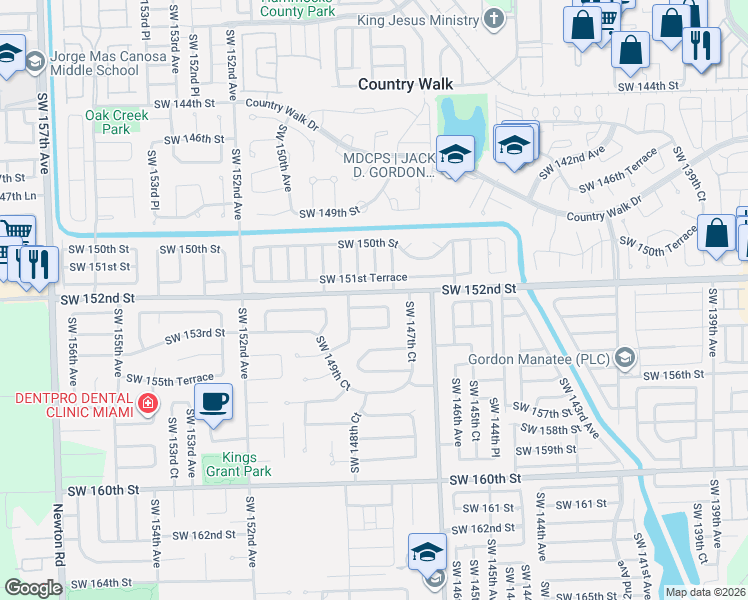 map of restaurants, bars, coffee shops, grocery stores, and more near 14790 Southwest 151st Terrace in Miami