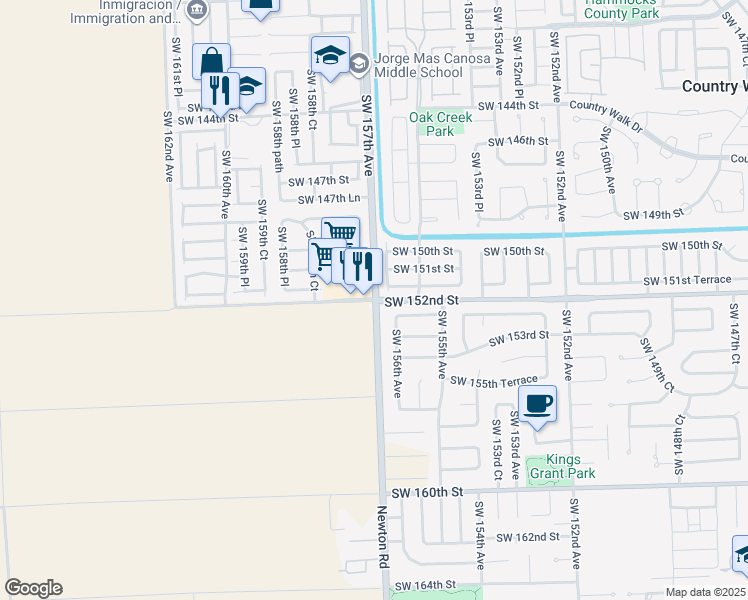 map of restaurants, bars, coffee shops, grocery stores, and more near 15585 Southwest 151st Terrace in Miami